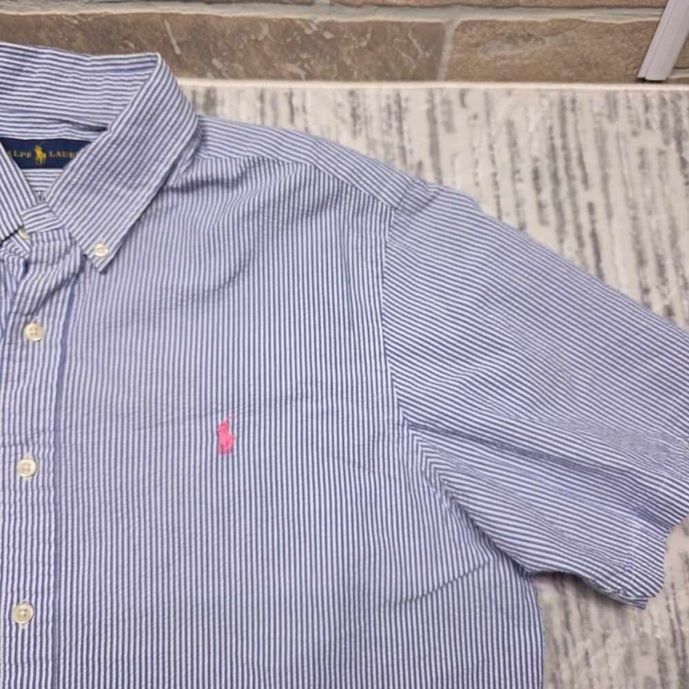RALPH LAUREN Men White Blue Seersucker Short Sleeve Shirt Size XL